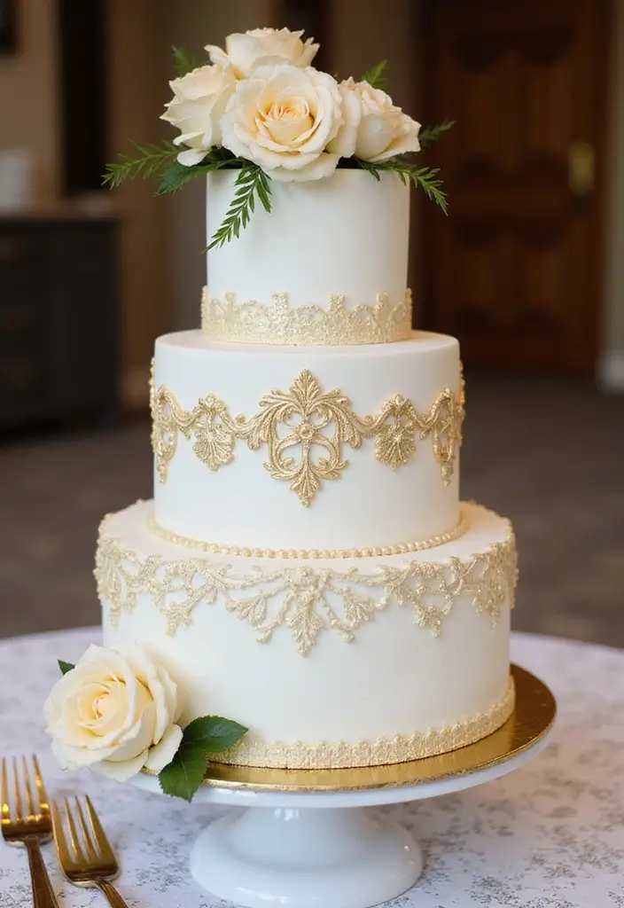 25 Beautiful Vintage-Inspired 40th Wedding Anniversary Cake Designs - 1. Classic White with Gold Accents