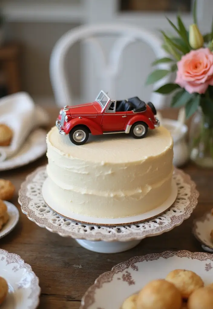 25 Beautiful Vintage-Inspired 40th Wedding Anniversary Cake Designs - 10. Vintage Car Topper