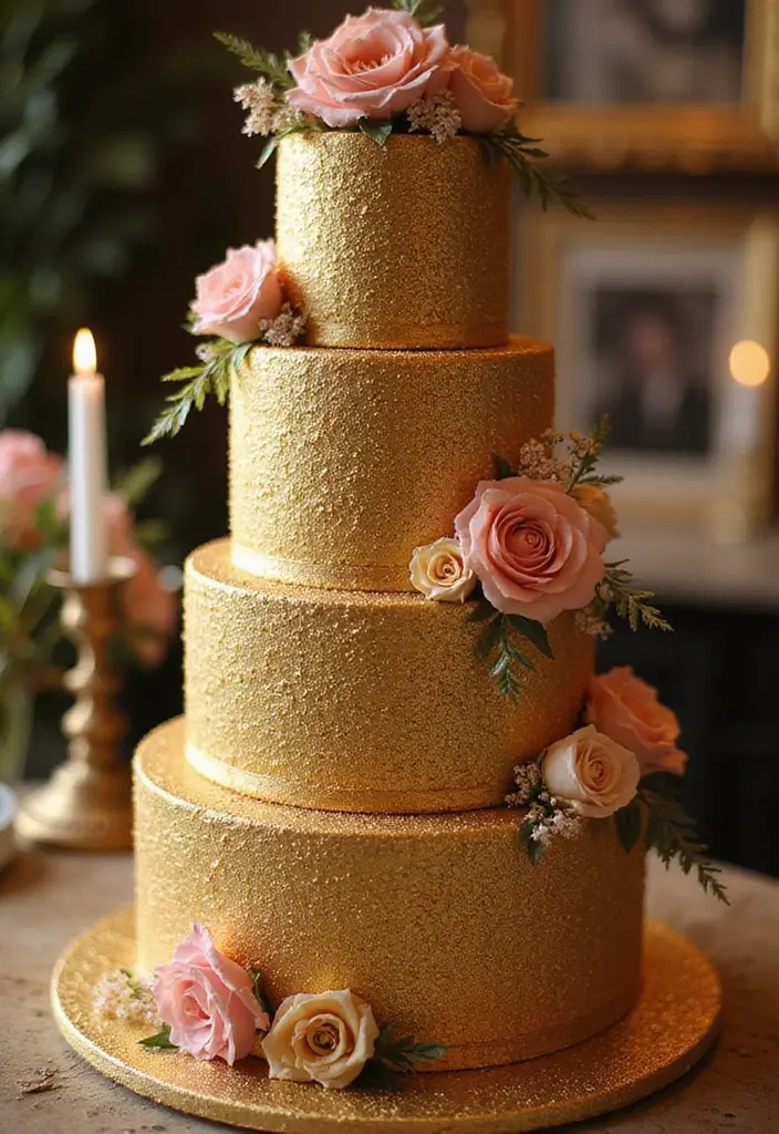 25 Beautiful Vintage-Inspired 40th Wedding Anniversary Cake Designs - 11. Golden Glitter Cake