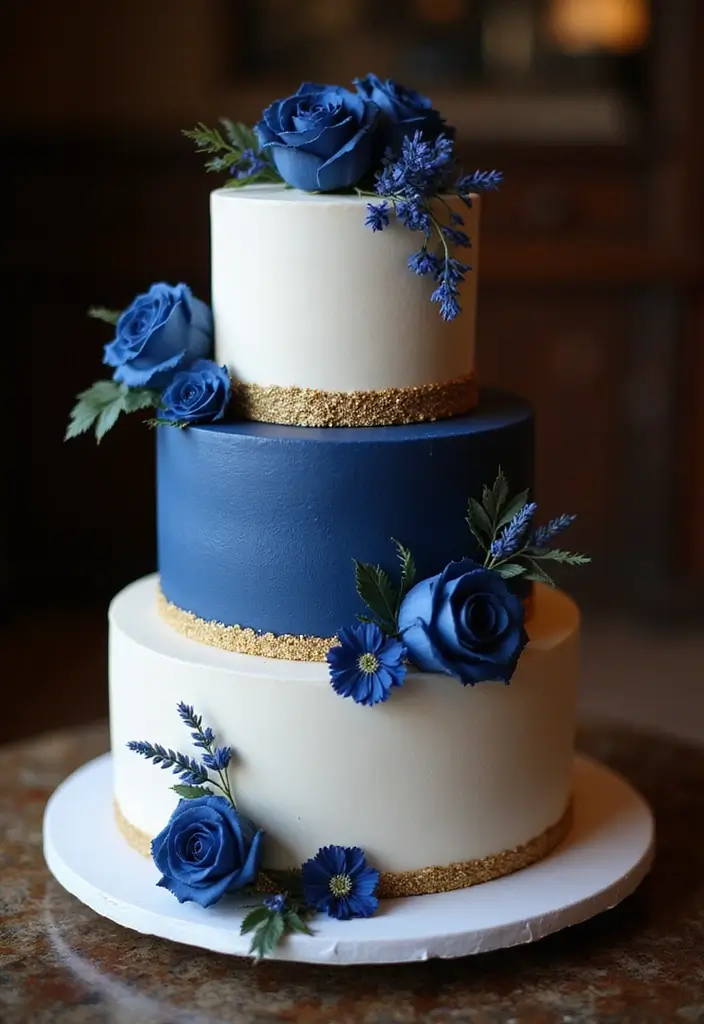 25 Beautiful Vintage-Inspired 40th Wedding Anniversary Cake Designs - 22. Vintage Theme in Blue and Gold
