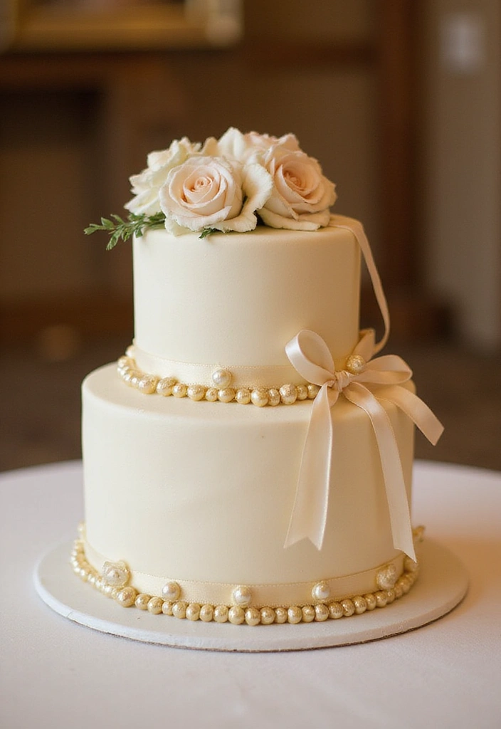 25 Beautiful Vintage-Inspired 40th Wedding Anniversary Cake Designs - 6. Golden Pearls and Ribbons