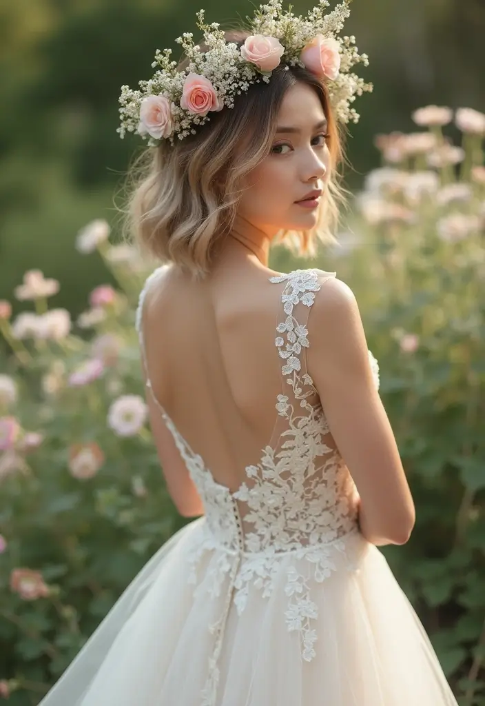 25 Chic Bob Wedding Hairstyles Perfect for Modern Brides - 21. Floral Crown Bob