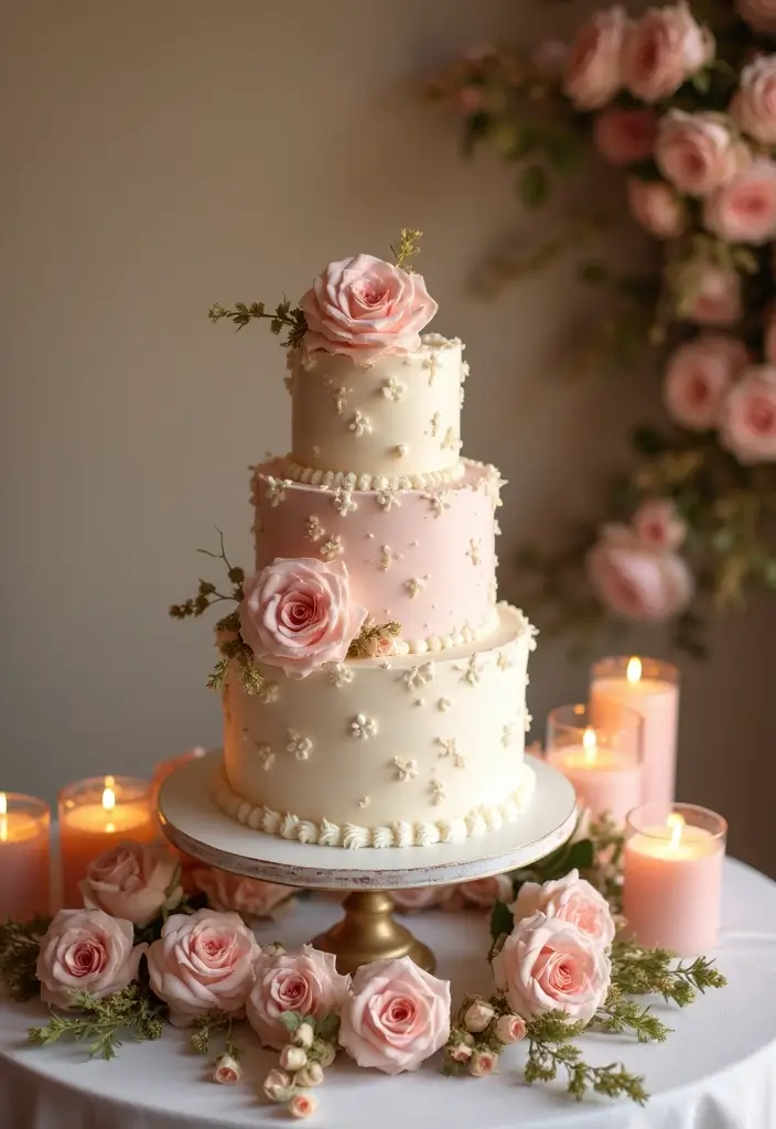 25 Soft Blush and Champagne Wedding Colors for Romantic Vibes - 22. Blush and Champagne Cake Display