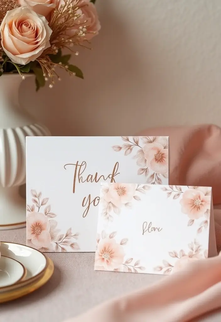 25 Soft Blush and Champagne Wedding Colors for Romantic Vibes - 23. Blush and Champagne Thank You Cards