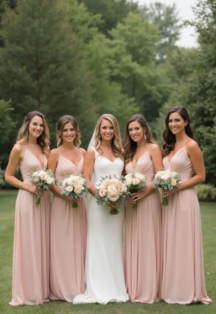 25 Soft Blush and Champagne Wedding Colors for Romantic Vibes - 5. Blush Bridesmaid Dresses