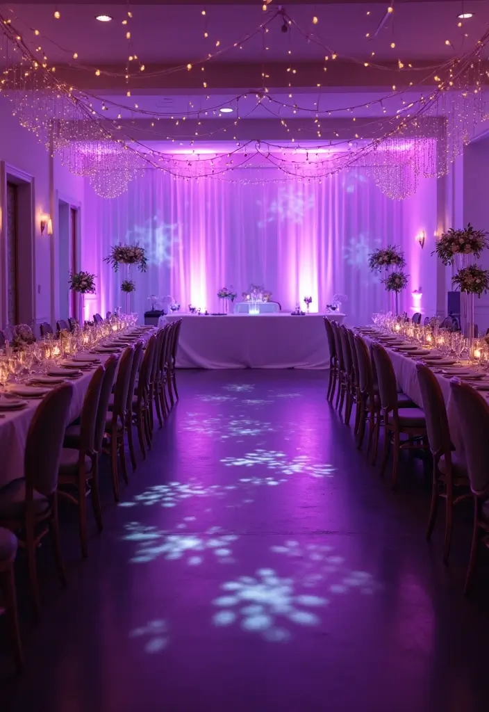 25 Stunning Purple Wedding Inspiration for a Regal Touch - 10. Purple Lighting Effects