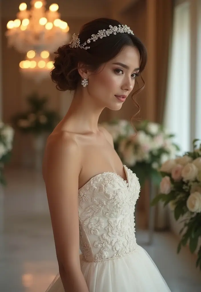 25 Stunning Strapless Wedding Dress Hairstyles to Complement Your Look - 13. Curly Updo with Hairpiece