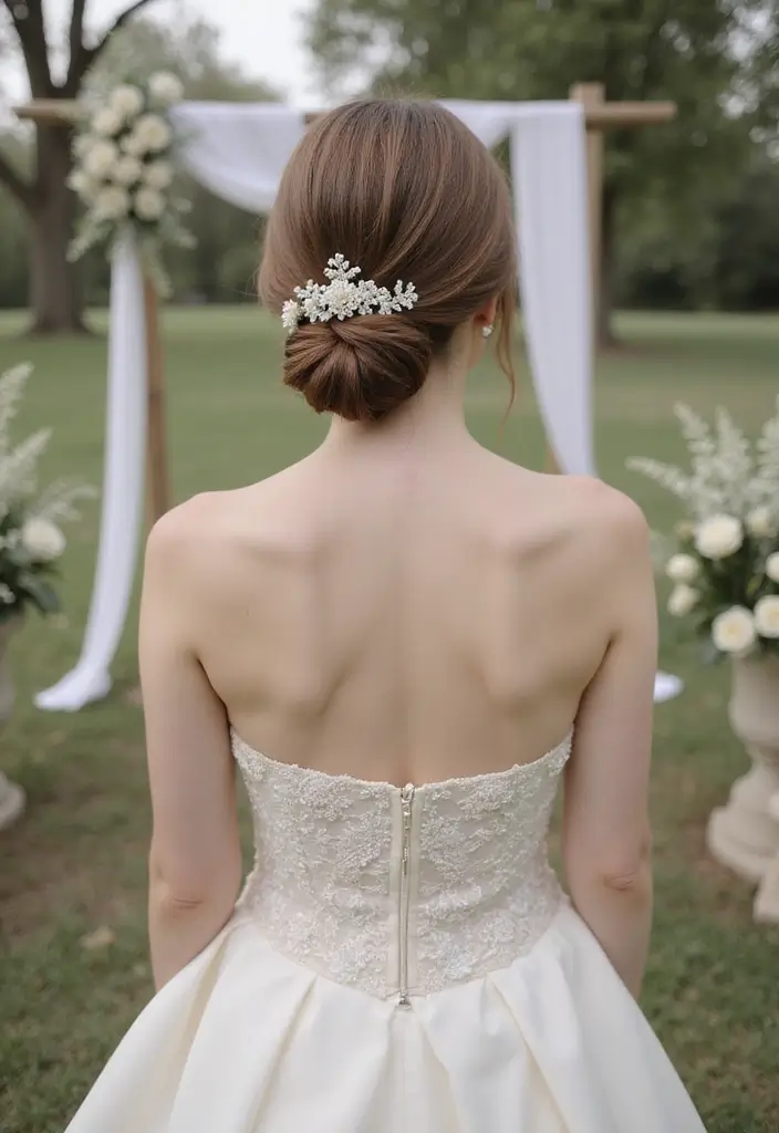 25 Stunning Strapless Wedding Dress Hairstyles to Complement Your Look - 17. Twisted Low Chignon