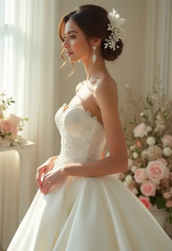 25 Stunning Strapless Wedding Dress Hairstyles to Complement Your Look - 23. Feathered Updo