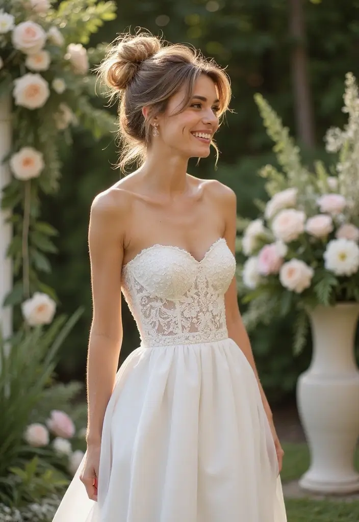 25 Stunning Strapless Wedding Dress Hairstyles to Complement Your Look - 9. Messy Bun with Tendrils