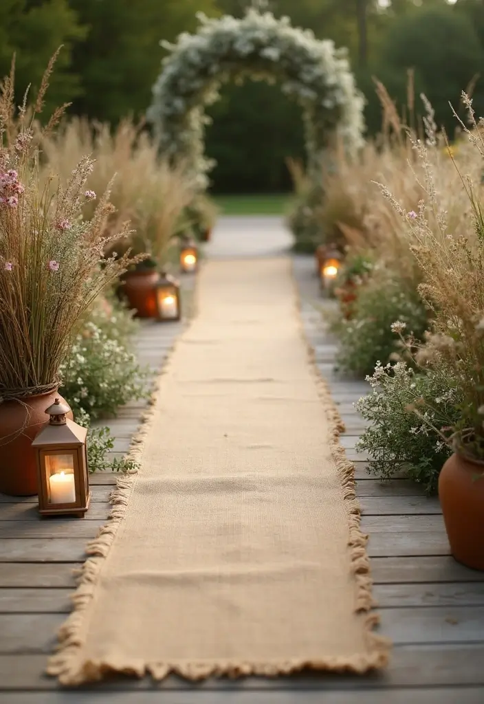 26 Beautiful Aisle Runner Wedding Ideas for a Stunning Walk - 11. Rustic Burlap Aisle Runner