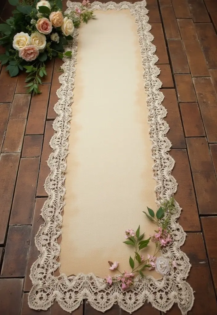 26 Beautiful Aisle Runner Wedding Ideas for a Stunning Walk - 12. Vintage Tea-Stained Aisle Runner