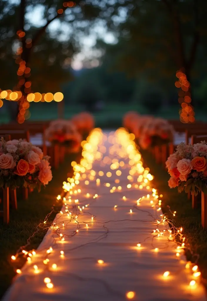 26 Beautiful Aisle Runner Wedding Ideas for a Stunning Walk - 13. Whimsical Fairy Light Aisle Runner