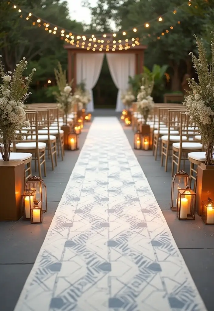 26 Beautiful Aisle Runner Wedding Ideas for a Stunning Walk - 14. Geometric Print Aisle Runner