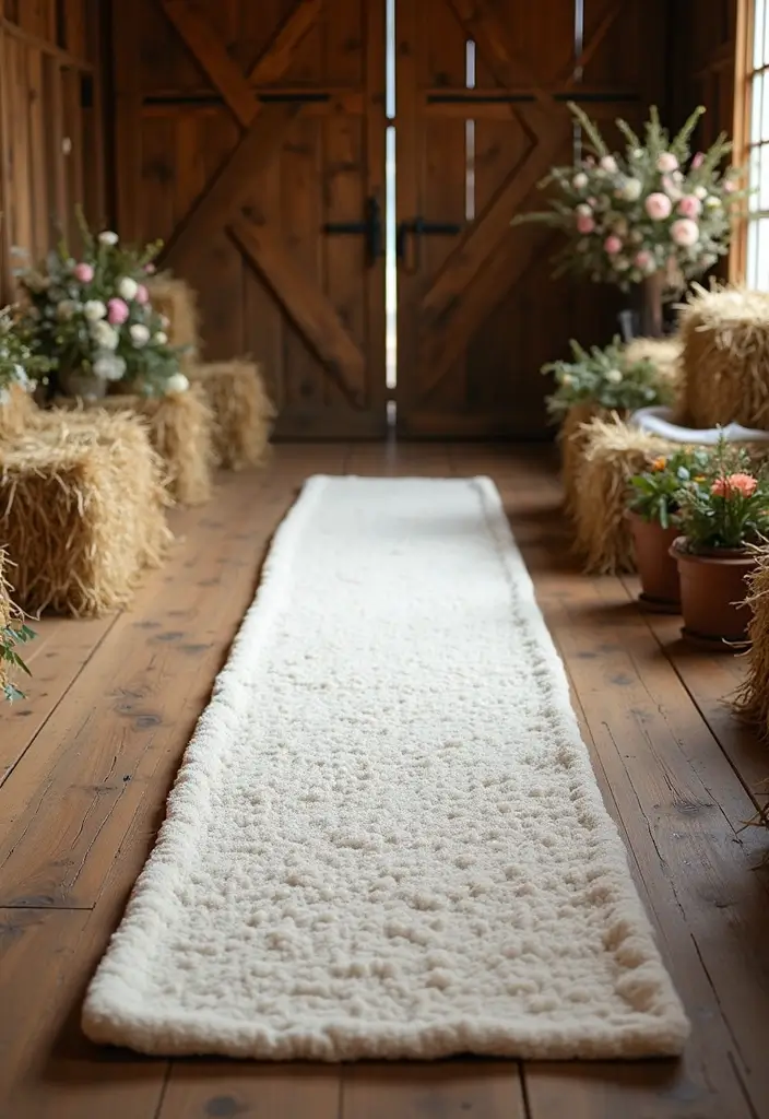 26 Beautiful Aisle Runner Wedding Ideas for a Stunning Walk - 16. Rustic Chenille Aisle Runner