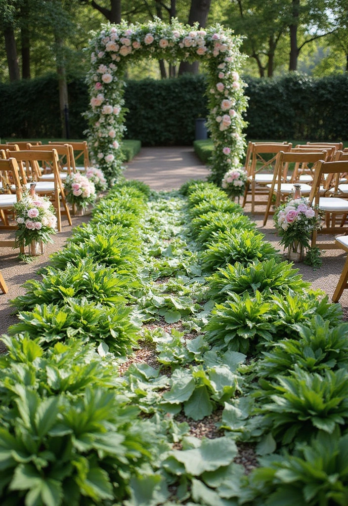 26 Beautiful Aisle Runner Wedding Ideas for a Stunning Walk - 21. Greenery-Filled Aisle Runner