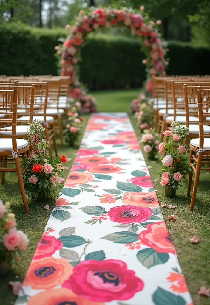 26 Beautiful Aisle Runner Wedding Ideas for a Stunning Walk - 3. Floral Printed Aisle Runner