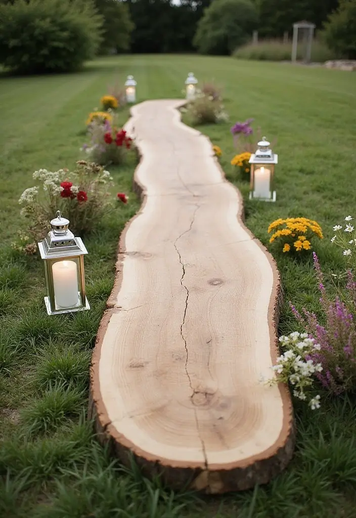 26 Beautiful Aisle Runner Wedding Ideas for a Stunning Walk - 4. Rustic Wood Slice Aisle Runner