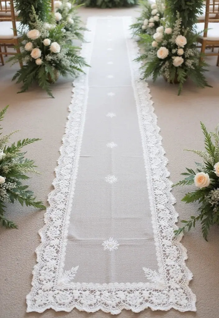26 Beautiful Aisle Runner Wedding Ideas for a Stunning Walk - 5. Lace Overlay Aisle Runner
