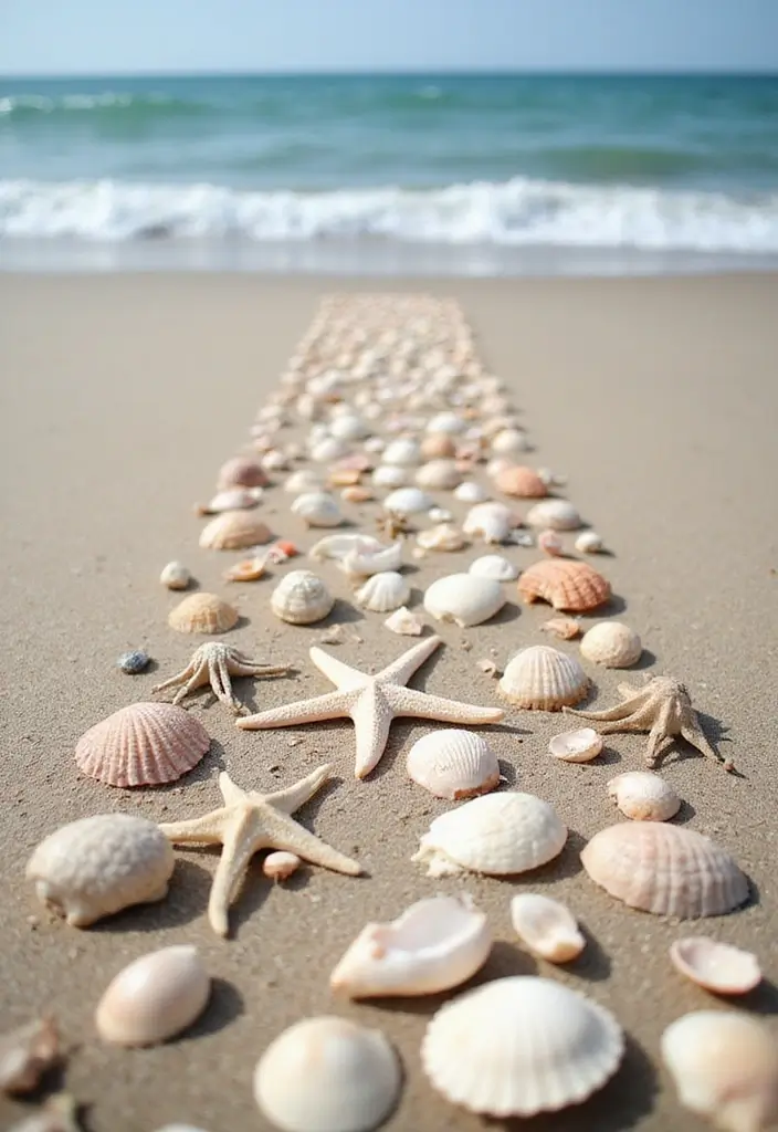 26 Beautiful Aisle Runner Wedding Ideas for a Stunning Walk - 9. Seashell Aisle Runner