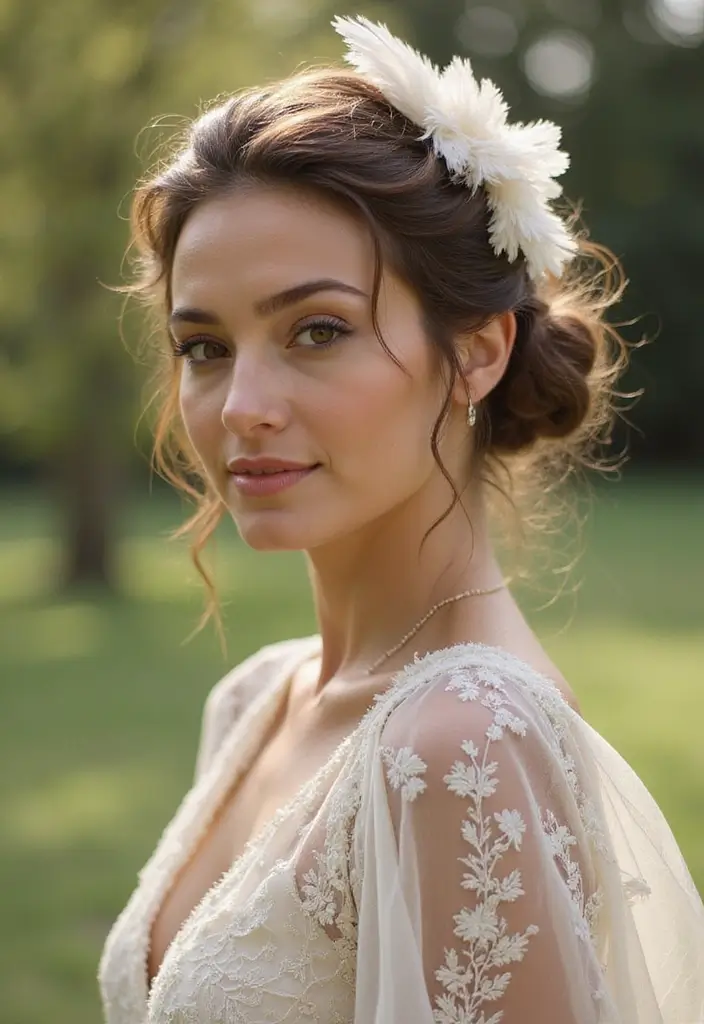 26 Classic Bun Hairstyles for Wedding Days That Last - 20. Boho Bun with Feathers