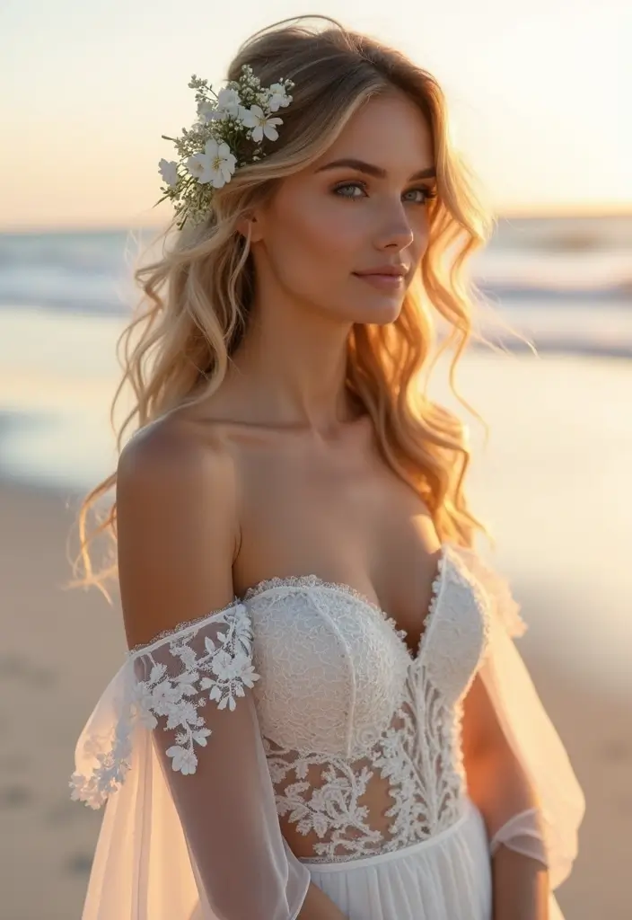 26 Stunning Beach Wedding Hairstyles for a Breezy, Romantic Look - 17. Natural Wave Half-Up