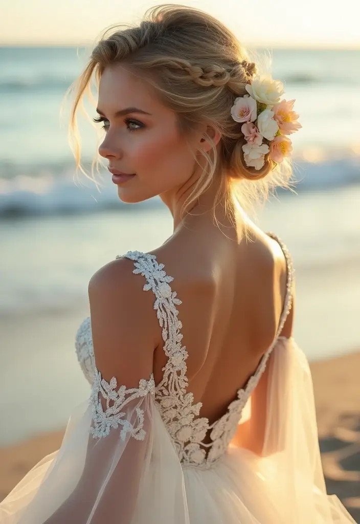26 Stunning Beach Wedding Hairstyles for a Breezy, Romantic Look - 19. Twisted Side Braid with Flowers