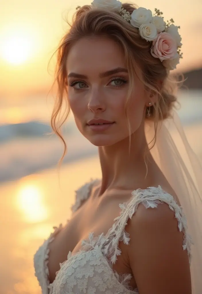 26 Stunning Beach Wedding Hairstyles for a Breezy, Romantic Look - 20. Soft Curled Updo