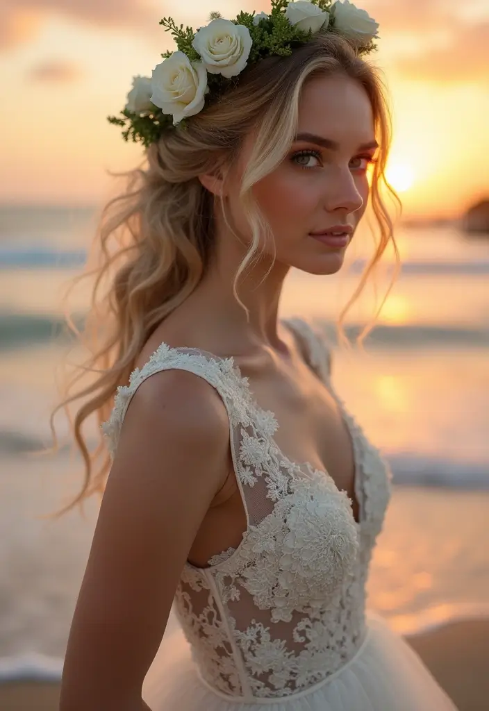 26 Stunning Beach Wedding Hairstyles for a Breezy, Romantic Look - 22. Vintage Twist with Flowers