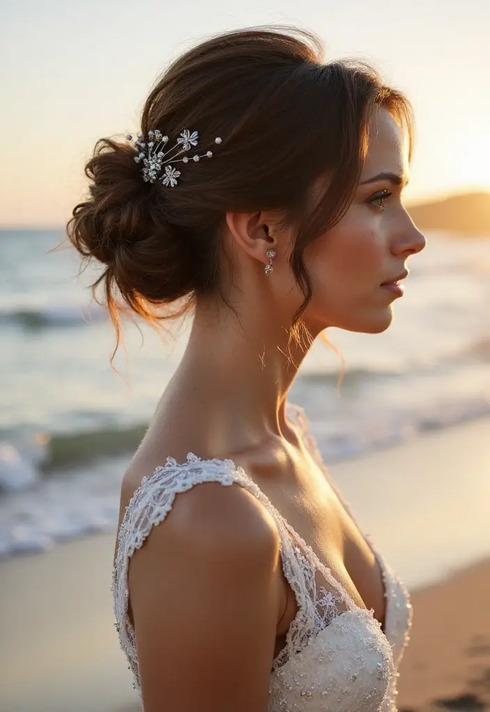 26 Stunning Beach Wedding Hairstyles for a Breezy, Romantic Look - 23. Modern Messy Updo