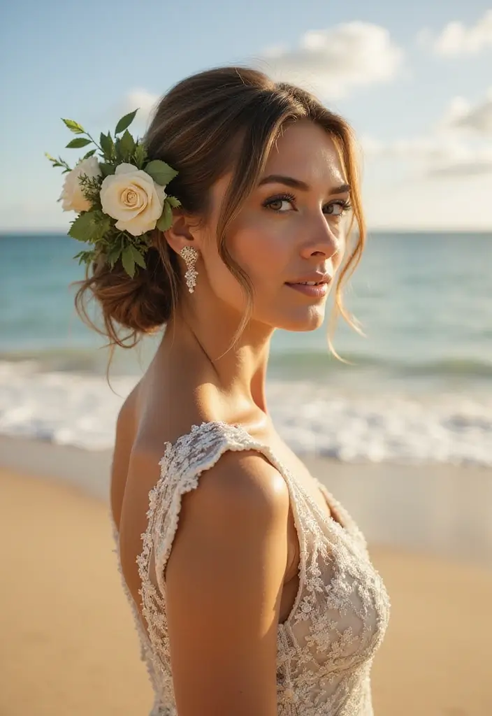 26 Stunning Beach Wedding Hairstyles for a Breezy, Romantic Look - 5. Floral Accented Updo