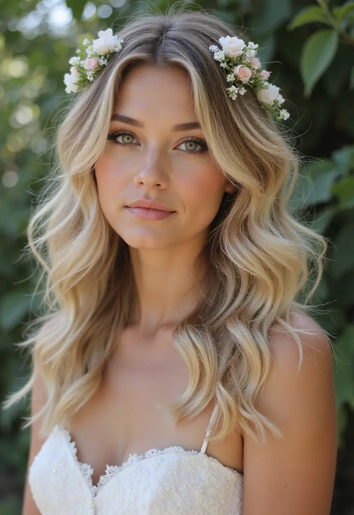 27 Beautiful Boho Wedding Hairstyles for a Free-Spirited Celebration - 1. Loose Waves with Floral Accents