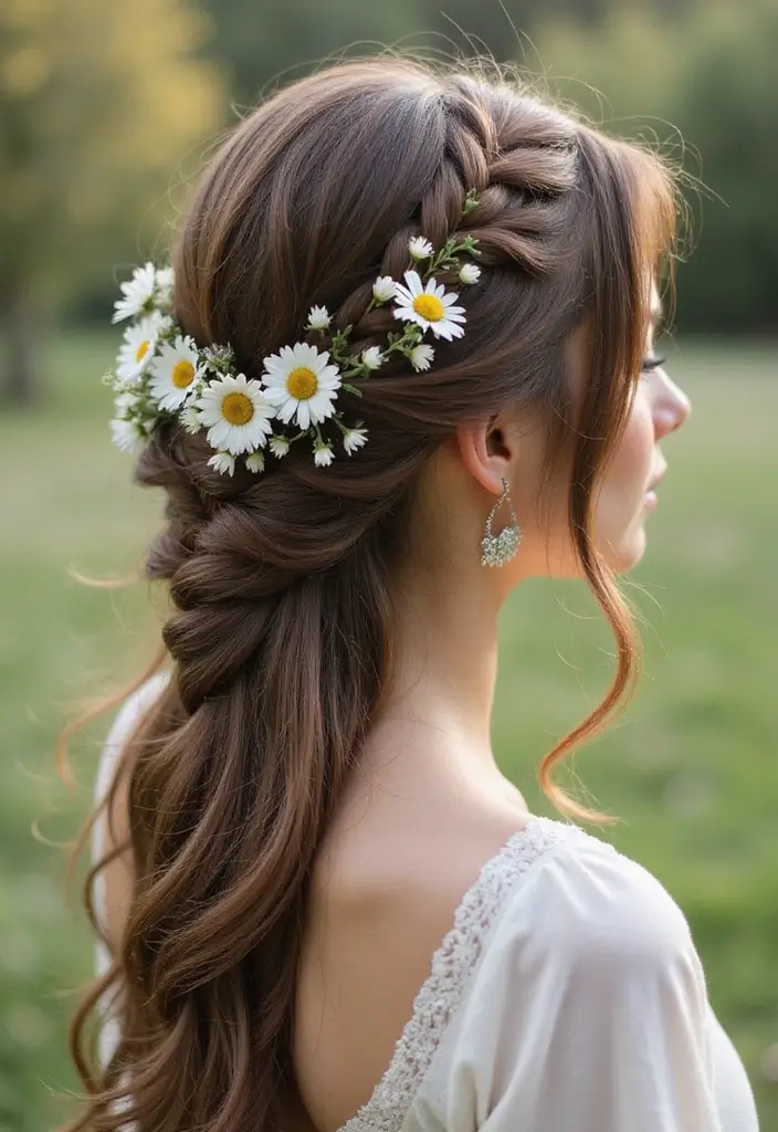 27 Beautiful Boho Wedding Hairstyles for a Free-Spirited Celebration - 10. Romantic Side Braid with Daisies