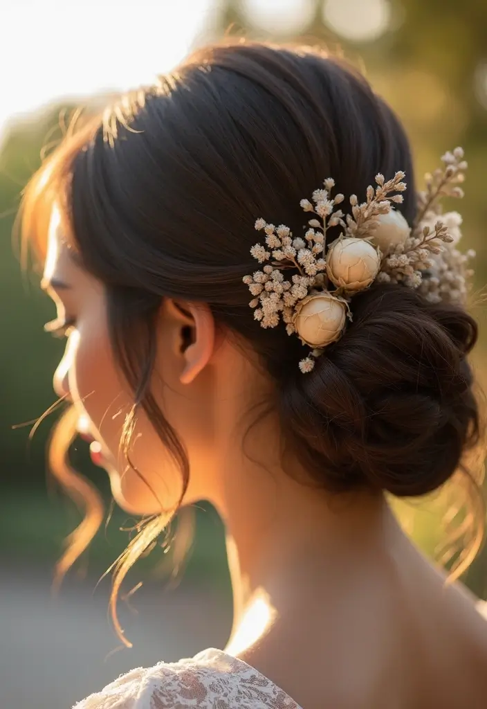 27 Beautiful Boho Wedding Hairstyles for a Free-Spirited Celebration - 15. Sleek Low Bun with Dried Flowers