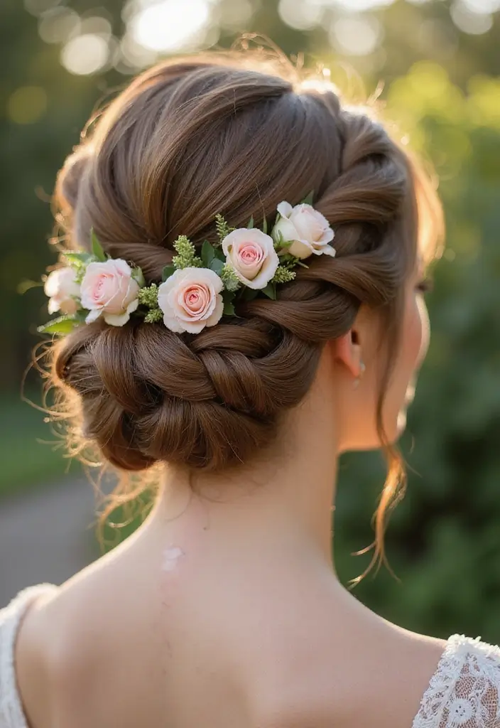 27 Beautiful Boho Wedding Hairstyles for a Free-Spirited Celebration - 17. Twisted Side Updo with Garden Roses
