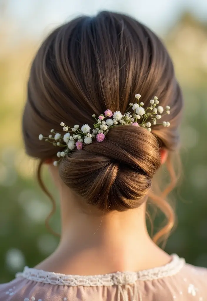 27 Beautiful Boho Wedding Hairstyles for a Free-Spirited Celebration - 19. Elegant French Twist with Wildflower Pins