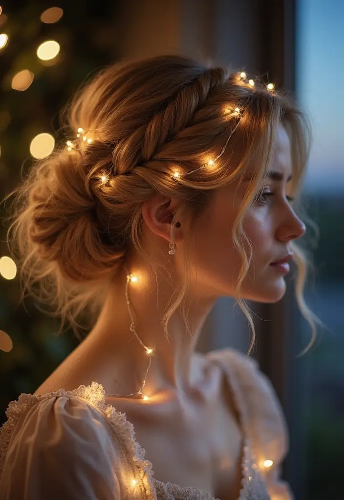 27 Beautiful Boho Wedding Hairstyles for a Free-Spirited Celebration - 21. Whimsical Updo with Twinkling Lights