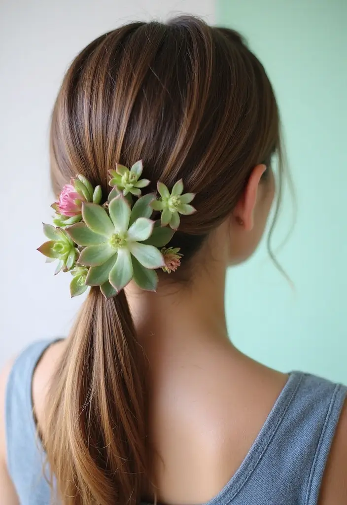 27 Beautiful Boho Wedding Hairstyles for a Free-Spirited Celebration - 22. Sleek Ponytail with Succulent Accents