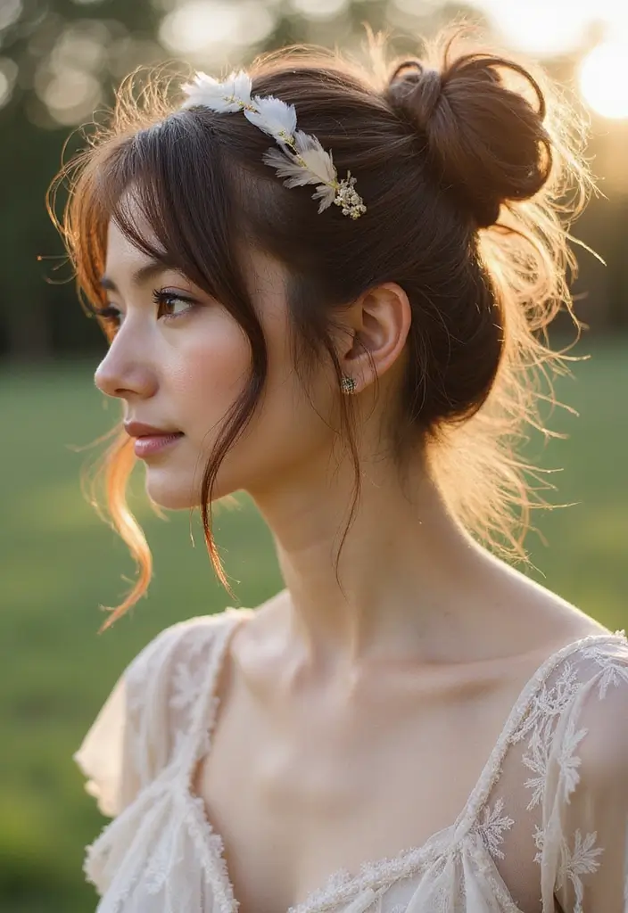 27 Beautiful Boho Wedding Hairstyles for a Free-Spirited Celebration - 4. Messy Bun with Feather Accents