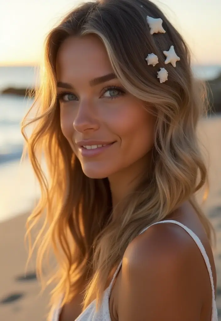 27 Beautiful Boho Wedding Hairstyles for a Free-Spirited Celebration - 8. Beachy Waves with Seashells