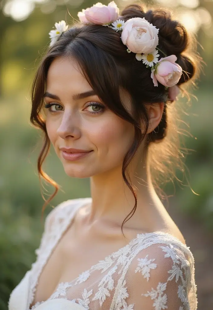 27 Flawless Curly Hairstyles for Wedding Elegance and Charm - 22. Whimsical Messy Bun