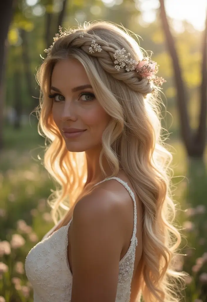 27 Flawless Curly Hairstyles for Wedding Elegance and Charm - 4. Braided Crown with Loose Curls