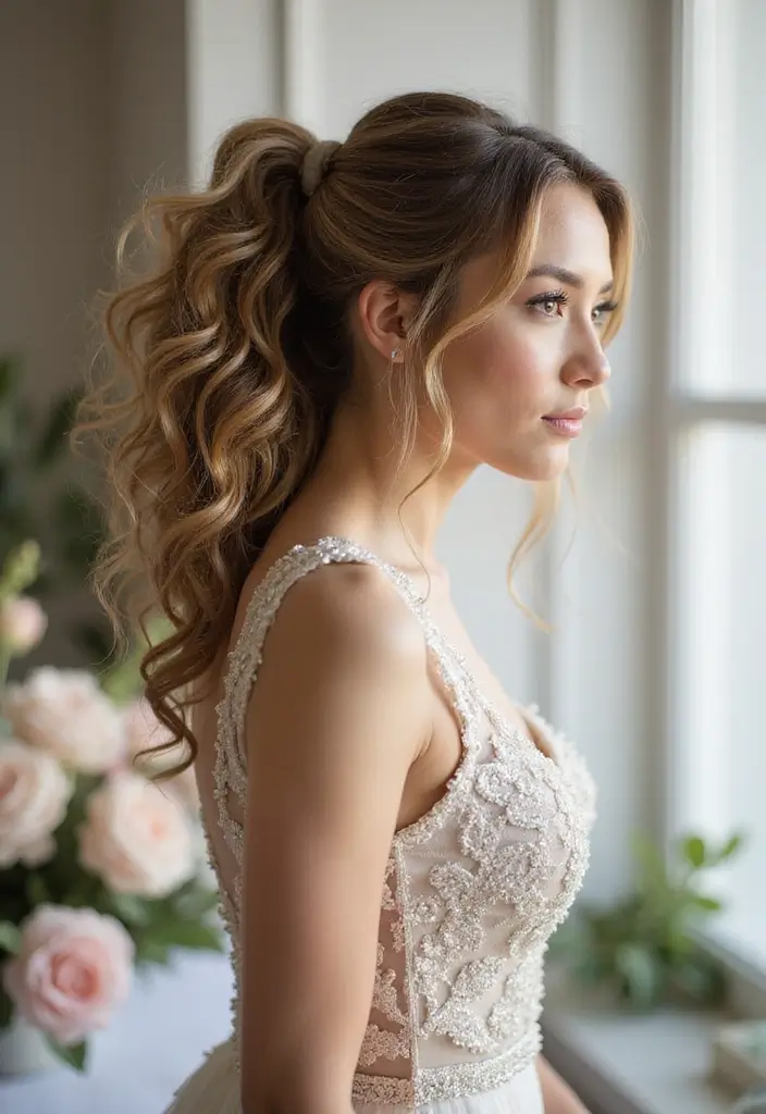 27 Flawless Curly Hairstyles for Wedding Elegance and Charm - 6. Curly Ponytail with Volume