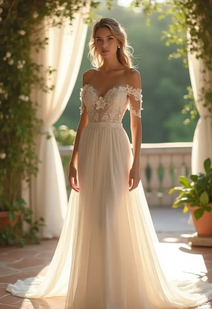 27 Inspiring Wedding Dress Ideas for Every Bride’s Style - 10. Elegant Off-Shoulder Styles