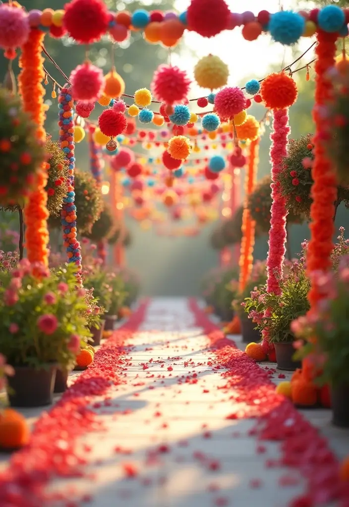 27 Stunning Aisle Decorations Wedding Ideas That'll Transform Your Ceremony Forever! - 20. Pom-Pom Garlands