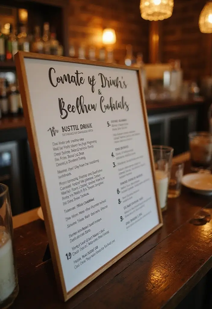 27 Stylish Bar Sign Wedding Designs for a Fun Celebration - 26. Couple's Favorite Drinks Board