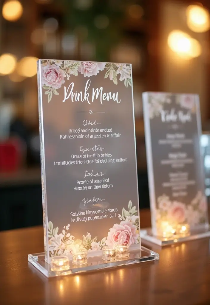 27 Stylish Bar Sign Wedding Designs for a Fun Celebration - 3. Elegant Acrylic Drink Menu