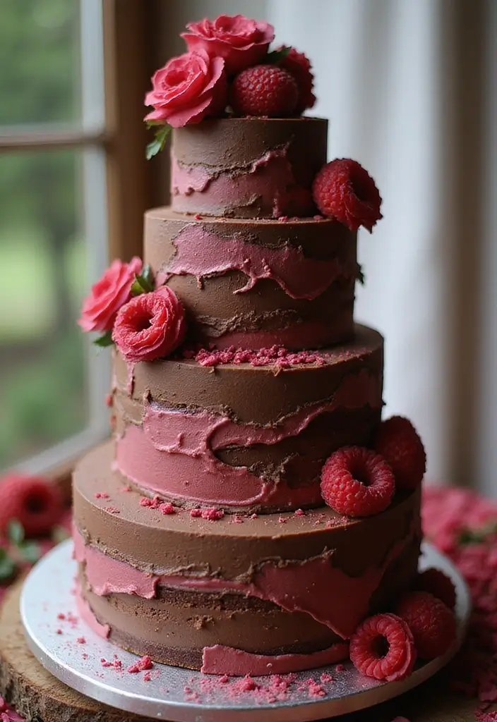 28 Delicious Wedding Cake Inspiration to Sweeten Your Big Day - 25. Chocolate Raspberry Swirl Cake