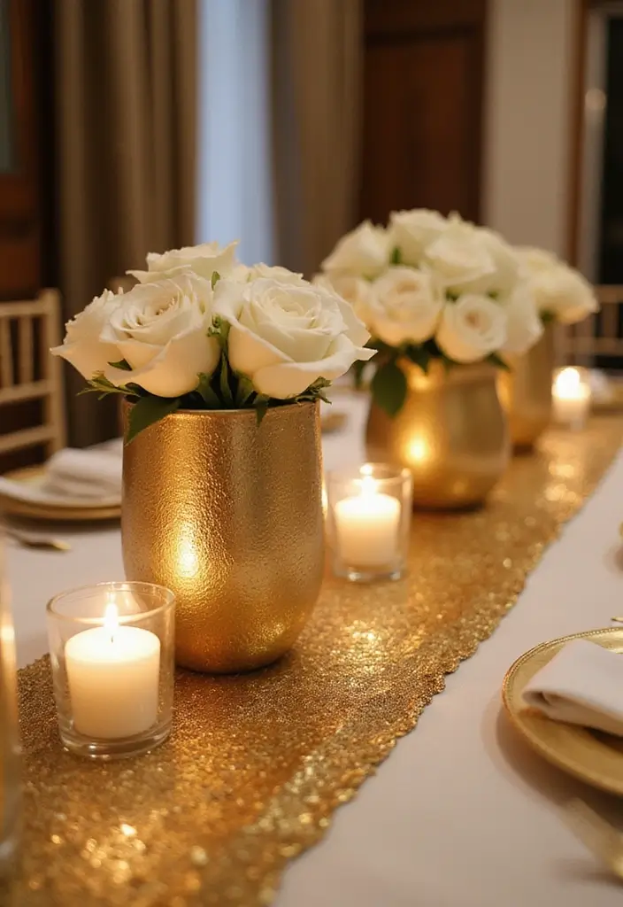 28 Elegant 25th Wedding Anniversary Decorations to Inspire You - 1. Golden Glamour Centerpieces