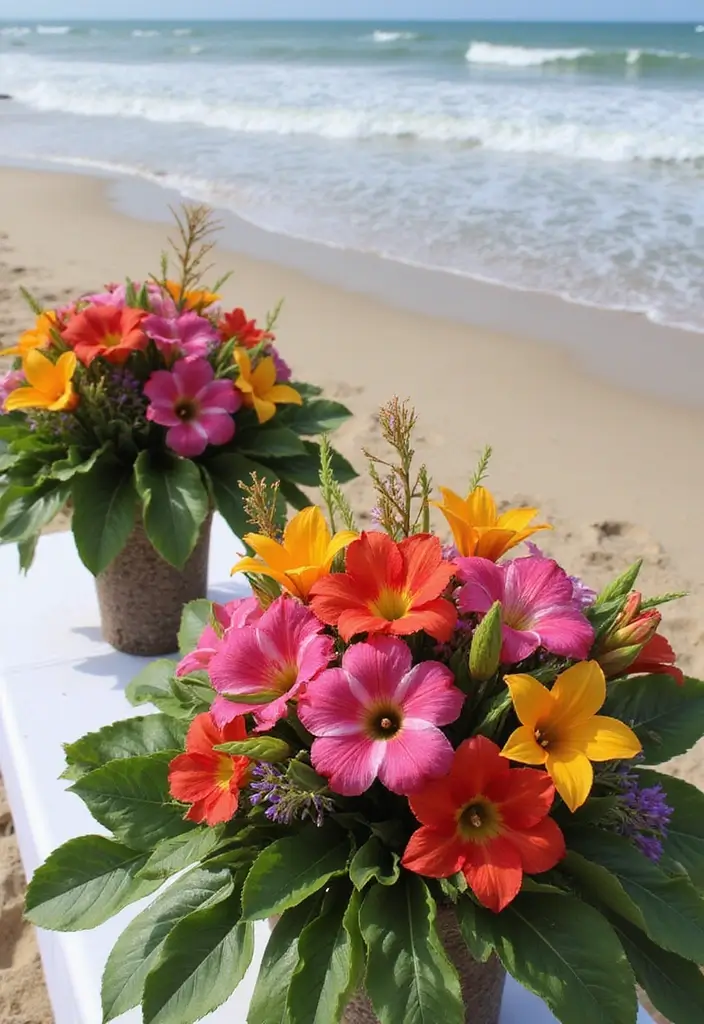 28 Refreshing Beach Wedding Inspiration for a Dreamy Seaside Celebration - 22. Tropical Floral Arrangements